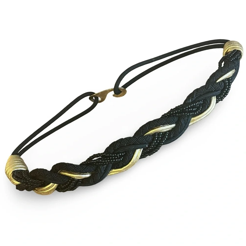 Vintage 70s Black Gold Braided Bead, Lamè Cord Belt with Brass Cinch Buckle 31”